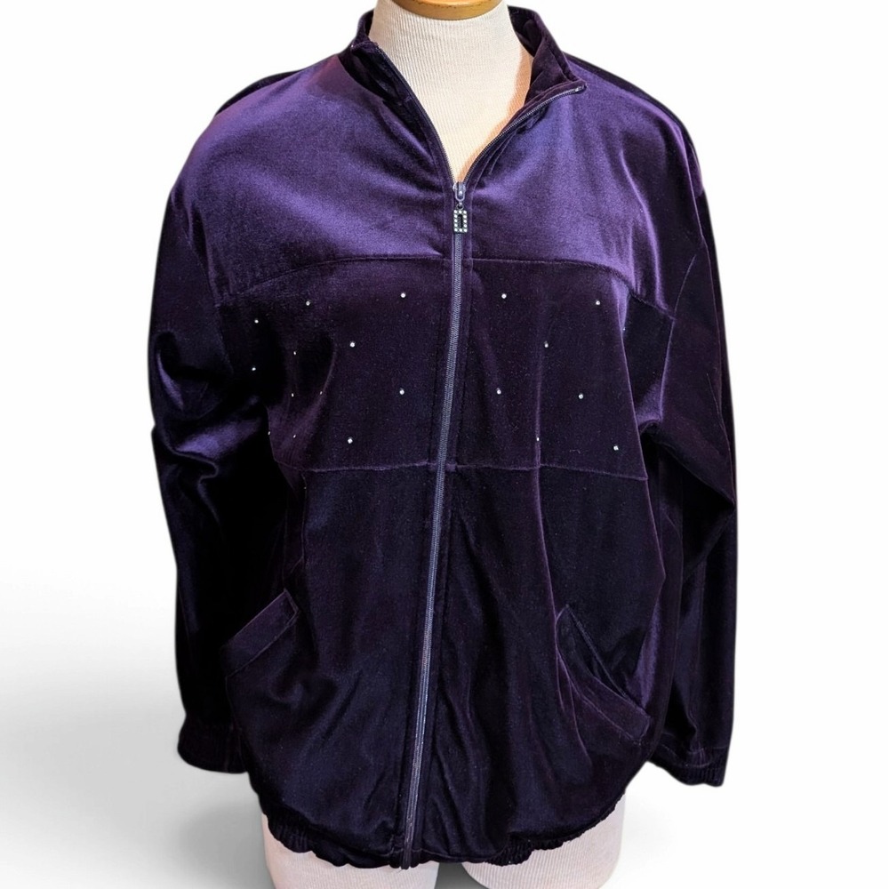 BLAST Womens M Purple Velour Track Jacket Rhinestone Full Zip Pockets